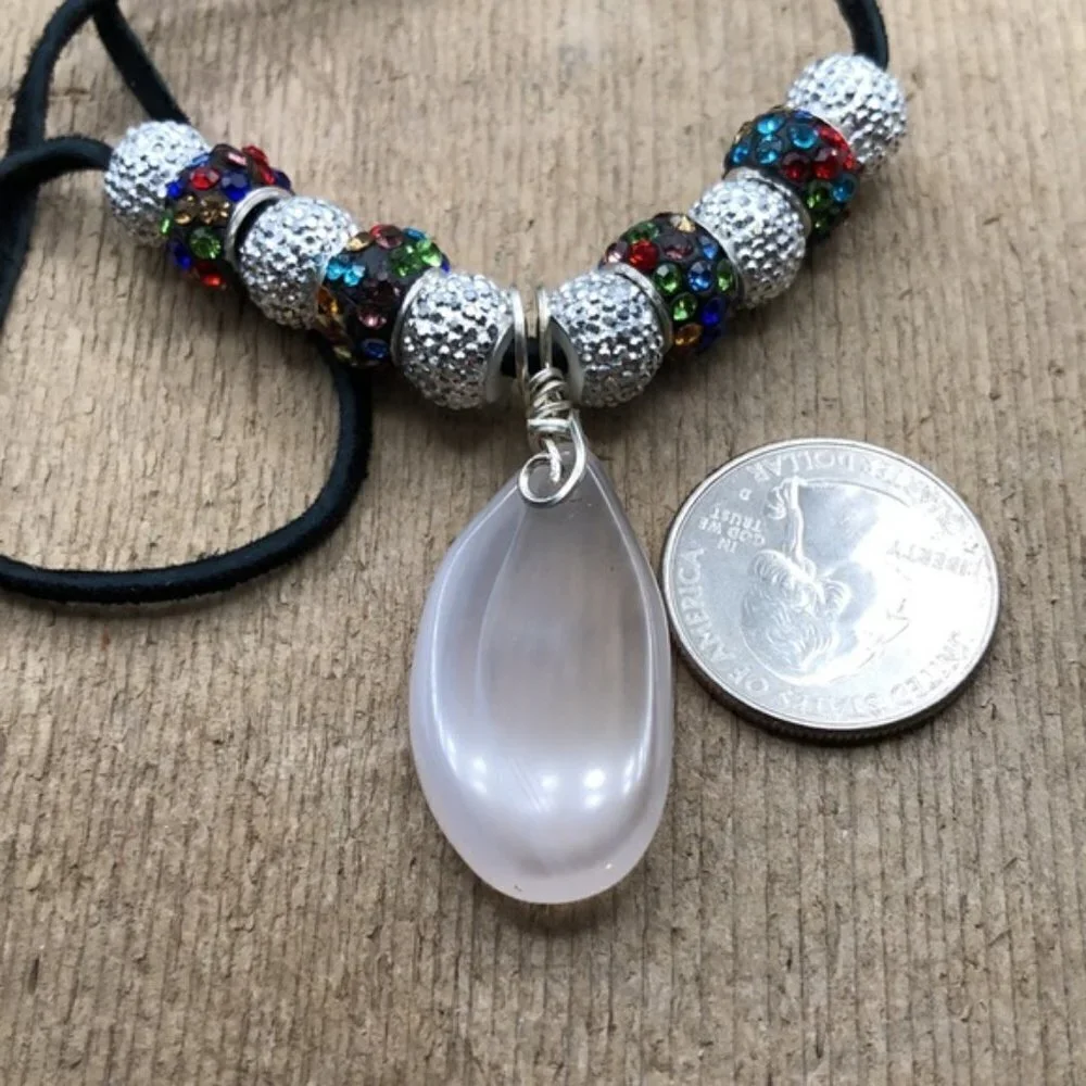 Chalcedony stone wire wrapped with .925 Silver and beaded Leather Necklace.
